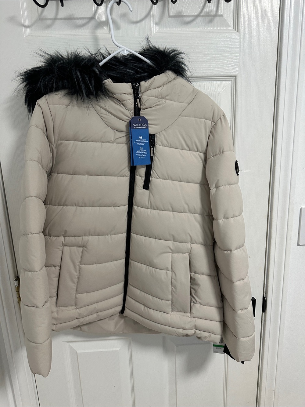 Nautica Light Beige Quilted Jacket with Black Faux Fur Trim